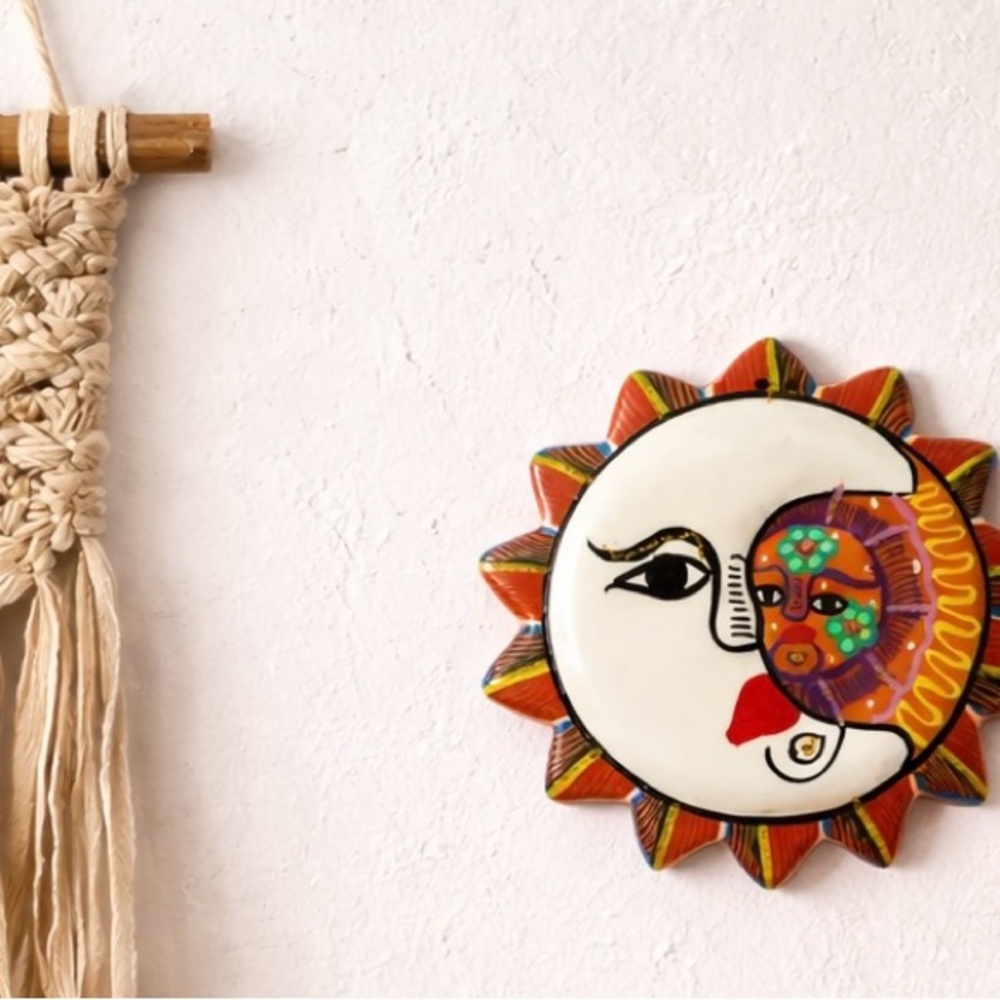 Hand-Painted Mexican Talavera Sun & Moon Eclipse Wall Hanging – Folk Art Plaque - Picture 7 of 7